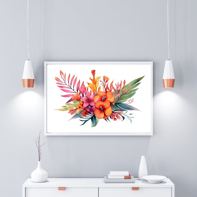 Póster Flores florales tropicales Naranja amarillo rosado (tropical Floral Flowers Wall Art Poster. Flowers are shades of pink, peach, yellow and orange green)