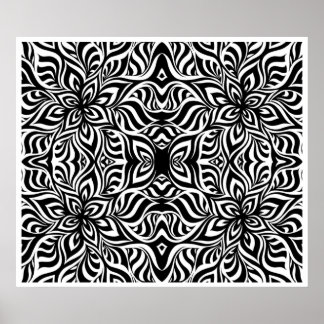 Póster Flores fractales de tinta negra y blanca