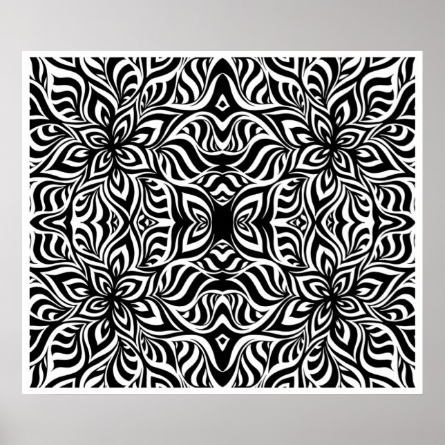 Póster Flores fractales de tinta negra y blanca (Frente)