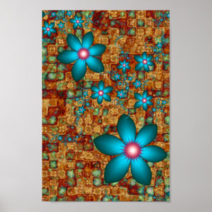 Póster Flores fractales turquesas