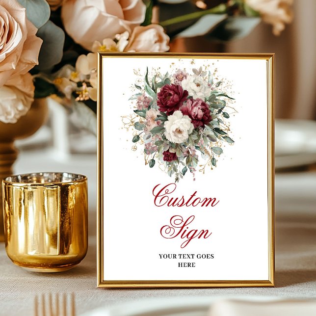 Póster Flores Glam Rojo Profundo Eucalipto Signo Personal (Glam Deep Red Flowers Eucalyptus Gold Custom Sign)