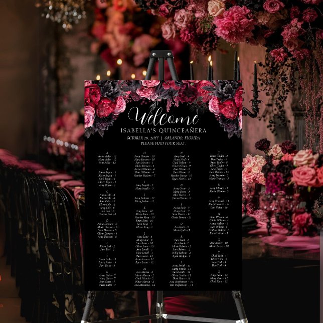 Póster Flores góticas rojas y negras Moody Quinceañera (Gothic quinceañera seating chart with pink, red and black watercolor flowers.)