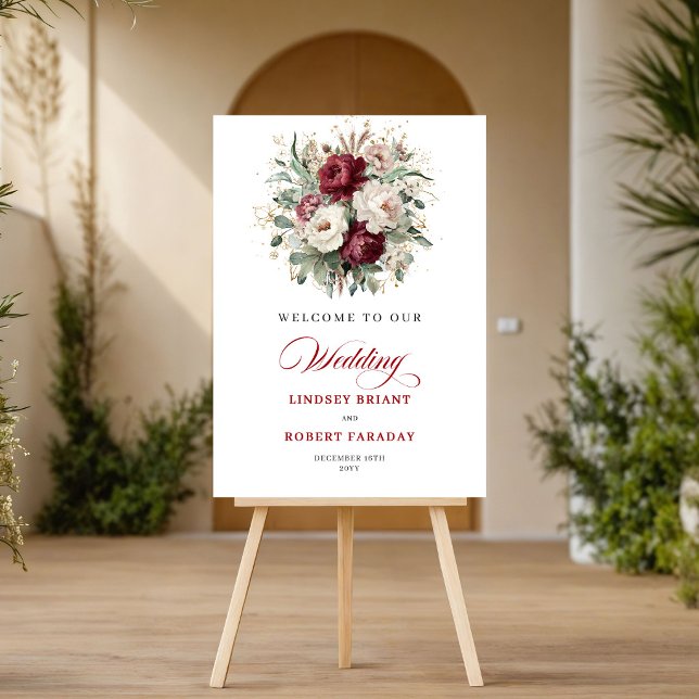 Póster Flores Granate Rústicas Verde Dorado Bienvenida Bo (Rustic Maroon Flowers Greenery Gold Wedding Welcome)