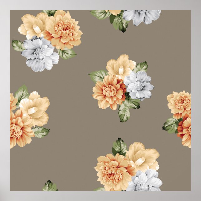 Póster flores grises y cremas con el patrón de liras (Frente)