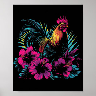 Póster Flores Hawaianas de Pollo Gallo Kauai Hawái Vint