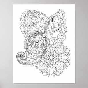 Póster Flores Hojas Mandala Espiral Nautilus para Colorea
