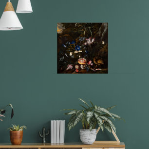 Póster Flores hongos mariposas rana y serpiente