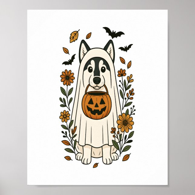 Póster Flores Husky Siberianas de Halloween (Frente)