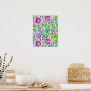 Póster Flores imprimibles sin costura Pintura acuarela