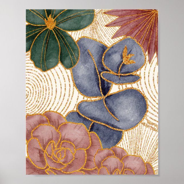 Póster Flores Líneas de brillo de oro (Frente)