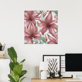 Póster Flores Lirio de color de agua rosa