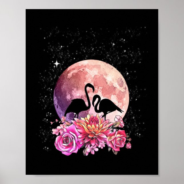Póster Flores Luna Rosa Y Amor Flamingo (Frente)