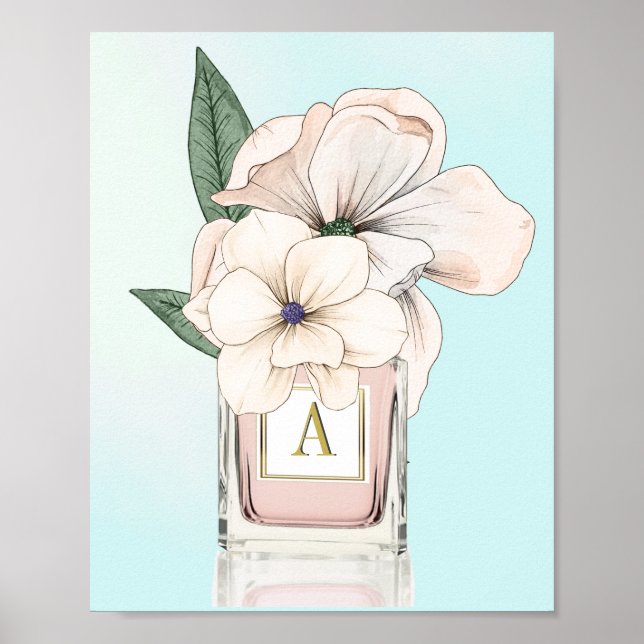 Póster Flores Magnolia Elegante Botella Perfume Monograma (Frente)