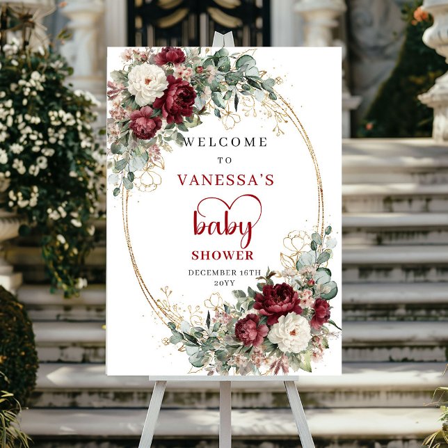 Póster Flores Marsala Eucalipto Bienvenida Baby Shower (Marsala Flowers Eucalyptus Baby Shower Welcome)