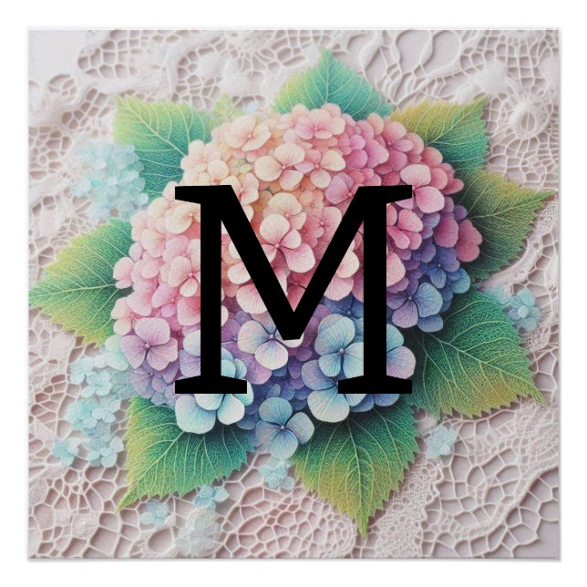 Póster Flores monogramo de encaje rosa purga hidrangea (Anverso)