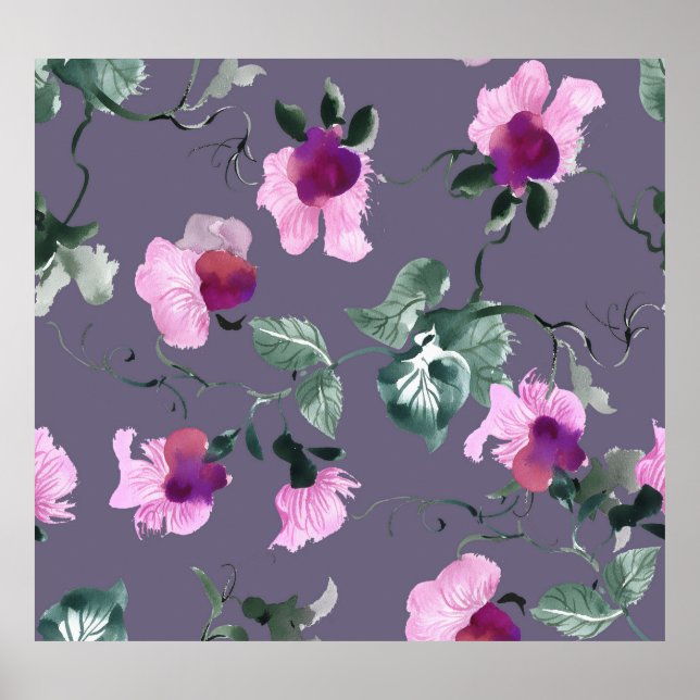 Póster Flores moradas: acuarela sin costuras. (Frente)