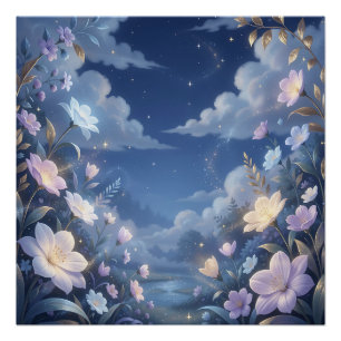 Póster Flores Moradas Noche Estrellada Fantasía