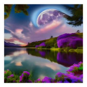Póster Flores moradas Reflexión de la luna y el lago