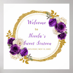 Póster Flores moradas y doradas elegantes dulces dieciséi