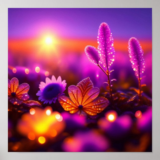 Póster Flores moradas y gotas de excremento Poster fotogr (Frente)