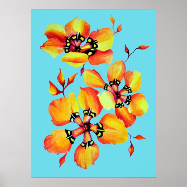 Póster Flores Naranjas de acuarela brillante - Aqua (Frente)