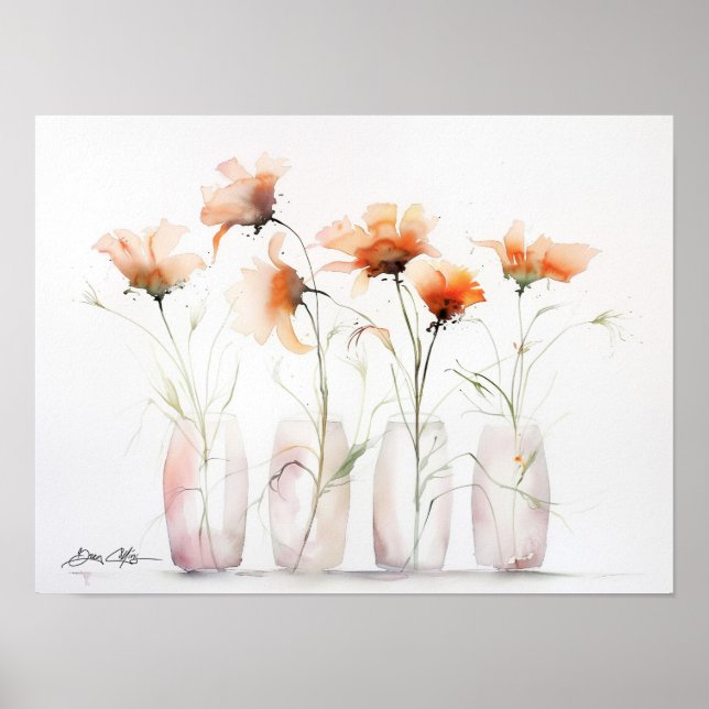 Póster Flores naranjas en vasos de vidrio (Frente)