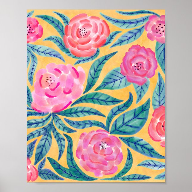 Póster Flores Naranjas rosas dejan un patrón de acuarela (Frente)