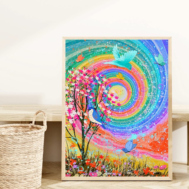 Póster Flores naturales del arcoiris coloridas. (Colorful Beautiful Rainbow in wildflower fields with birds and butterflies.)