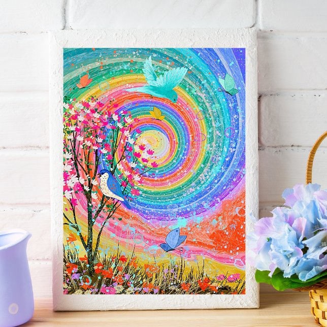 Póster Flores naturales del arcoiris coloridas. (Colorful Beautiful Rainbow in wildflower fields with birds and butterflies.)