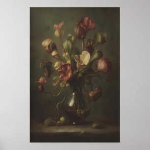 Póster Flores oscuras en jarrón curvo de vidrio, Flor gót