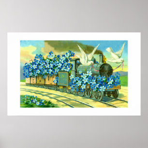 Póster Flores, palomas y tren