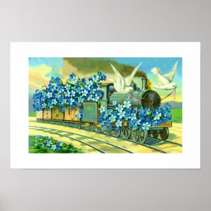 Póster Flores, palomas y tren