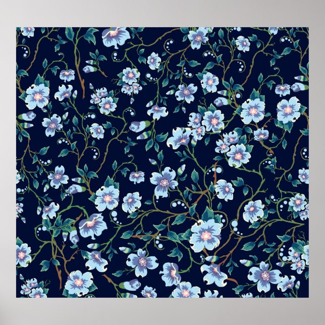 Póster Flores para niños: azul oscuro sin costura (Frente)