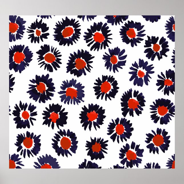 Póster Flores pintadas a mano, tónica roja y azul. (Frente)