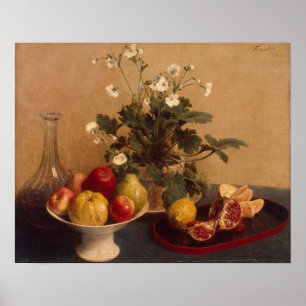 Póster Flores, plato con fruta y jarra, 1865