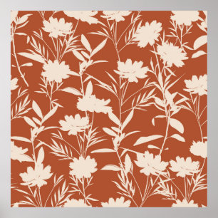 Póster Flores praderas de silueta retro patrón ininterrum