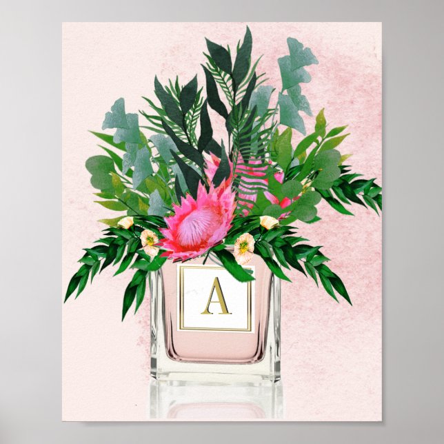 Póster Flores Protea Elegante Botella Perfume Monograma (Frente)