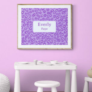 Póster Flores Púrpura Nombre Personalizado Niños Sala Art