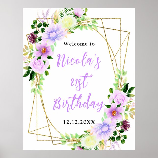 Póster Flores púrpuras con follaje de cumpleaños de bienv (Frente)