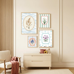 Póster Flores púrpuras en marco con vidrio de mar y conch