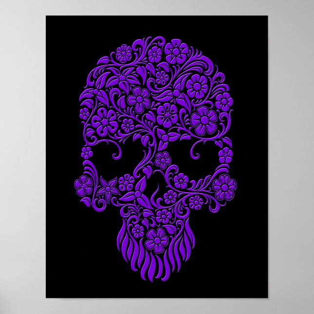 Póster Flores púrpuras y vides diseño de cráneo en negro (Frente)