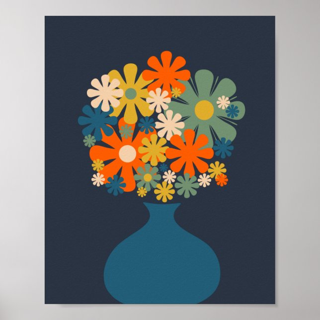 Póster Flores retro alegres en una bolsa azul (Frente)