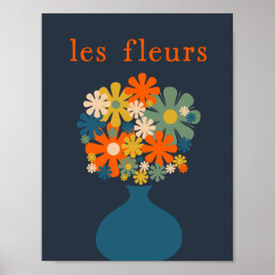 Póster Flores retro de Les Fleurs en Naranja azul de gran