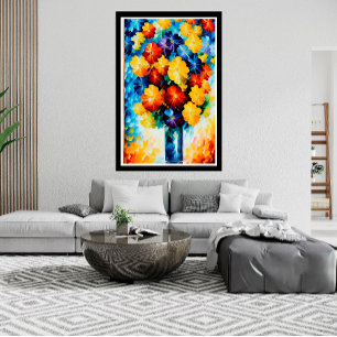 Póster Flores rojas amarillas blancas azules abstractas e