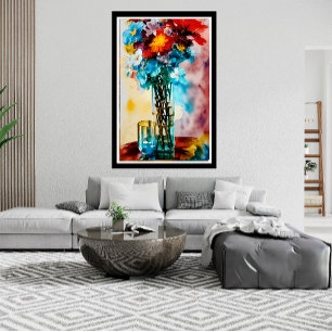 Póster Flores rojas amarillas blancas azules en jarrón ab