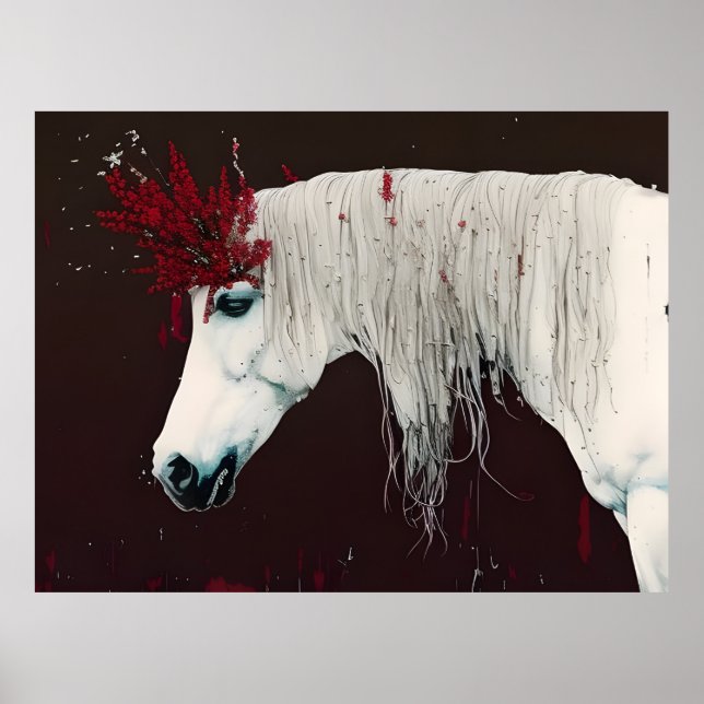 Póster Flores rojas de caballos blancos (Frente)