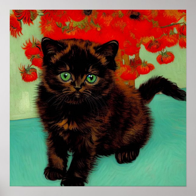 Póster Flores rojas de gato negro Van Gogh (Frente)