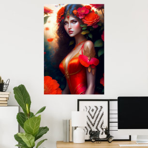 Póster Flores Rojas Hadas Fantasía Roja