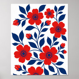 Póster Flores Rojas Intensas y Hojas Azules Marinos