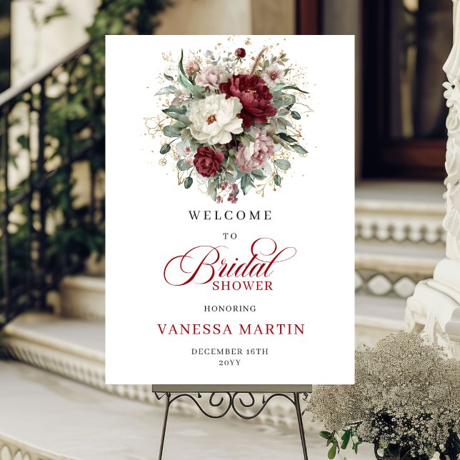 Póster Flores Rojas Profundas Eucalipto Dorado Bienvenida (Deep Red Flowers Eucalyptus Gold Bridal Welcome Sign

)